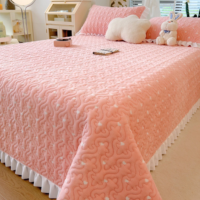 Ins Princess Style Milk Velvet Bed Cover Three-Piece Winter Thickeneded Lace Baby Velvet Bed Sheetss Warm Quilted Mattress