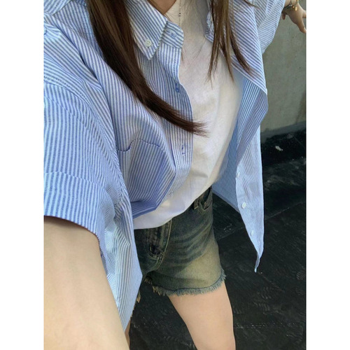 Summer deep blue striped women's short-sleeve Japanese-inspired fresh and effortless versatile blouses, slimming top trendy