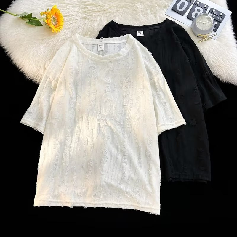 Men's Ripped Distressed Short Sleeve T-Shirt Hong Kong Style Trendy Cool Design Summer Loose Fit Couple's Five Quarter Sleeve Top_voghion.com