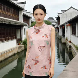 夏季国风精致洋气印花立领缎面短袖女时髦斜襟新中式宽松薄款小衫