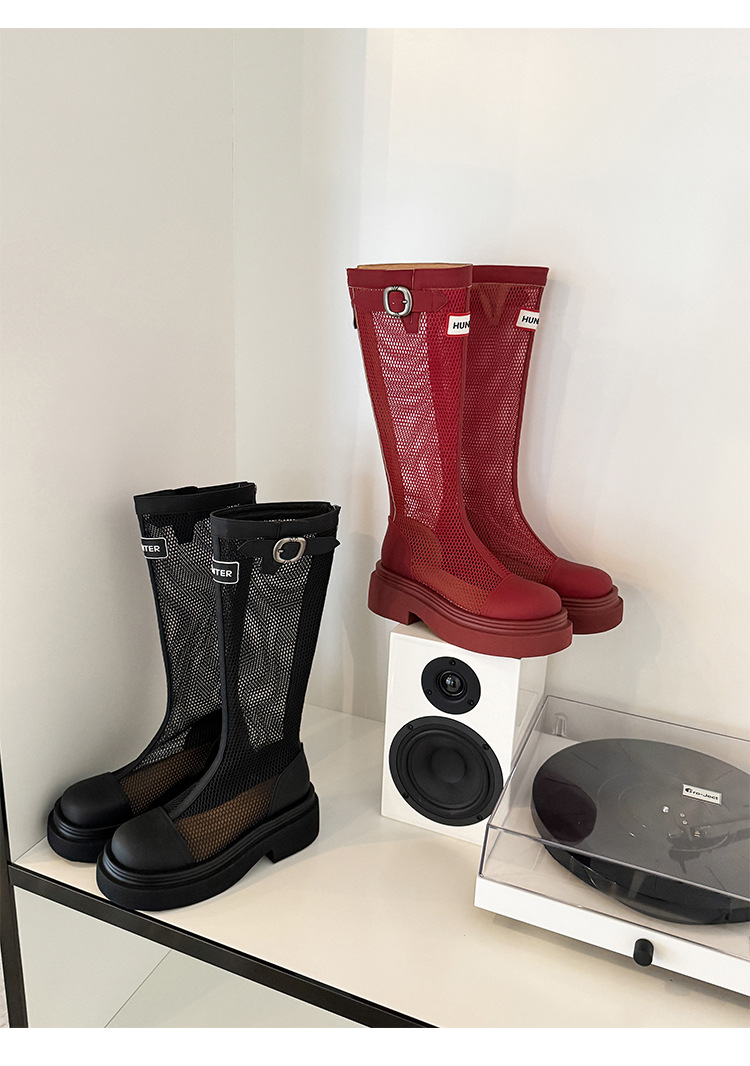 Boot nữ cổ cao ôm bắp chân đế dày gót vuông phong cách lưới thoáng khí — Ống rộng đen, Ống tiêu chuẩn đỏ, Ống tiêu chuẩn đen, Ống rộng đỏ chi tiết 19
