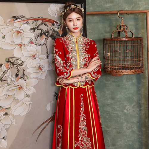 Women Chinese Wedding party Xiuhe clothing chinese wedding  party bridal gown Indian wire diamond strip embroidered bling dress for lady