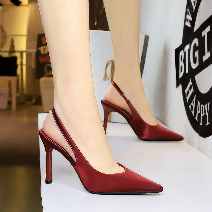 3526 Korean Style Simple Banquet Heels Thin Satin Backless Plain Back Strap Pointed Toe High Heel Single Women's Shoes_vogvips.com
