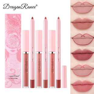 Cross-Border Waterproof Matte Matte Hook Line Lipstick Pen Foam Pen Non-Fading Lip Liner + Lip Gloss Two-In-One Set