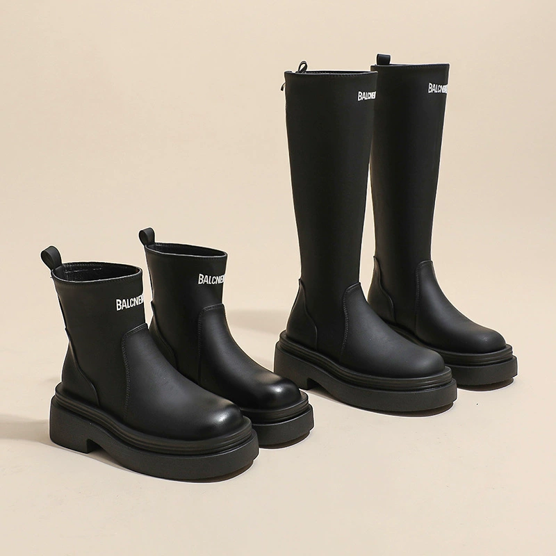 Европейские высокие эластичные ботинки 2024, новые женские ботинки без шнуровки на толстой подошве в британском стиле, модные короткие ботинки, универсальные