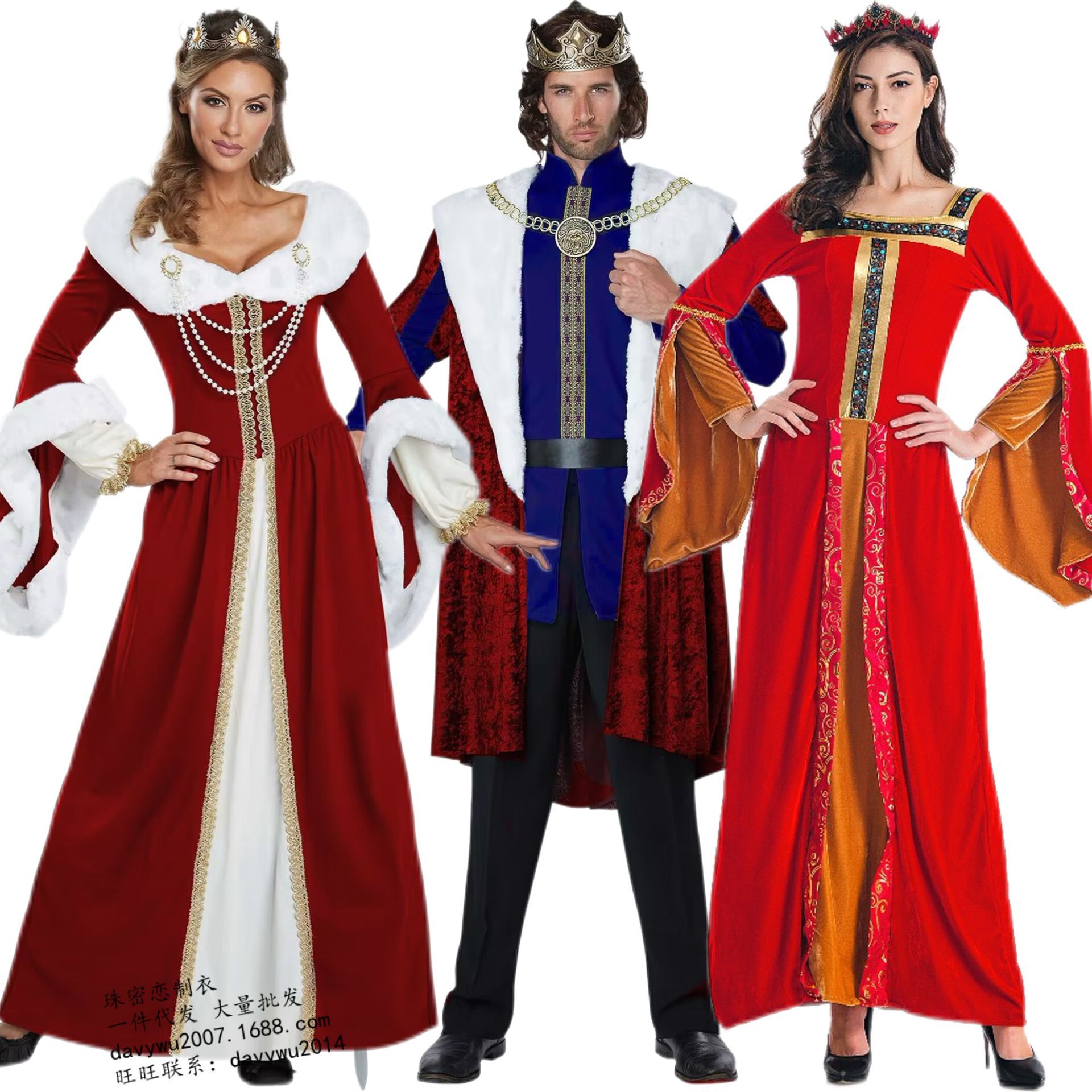 分码 新款古典红色欧美宫廷成人男王女王服 王室复古情侣装 圣诞