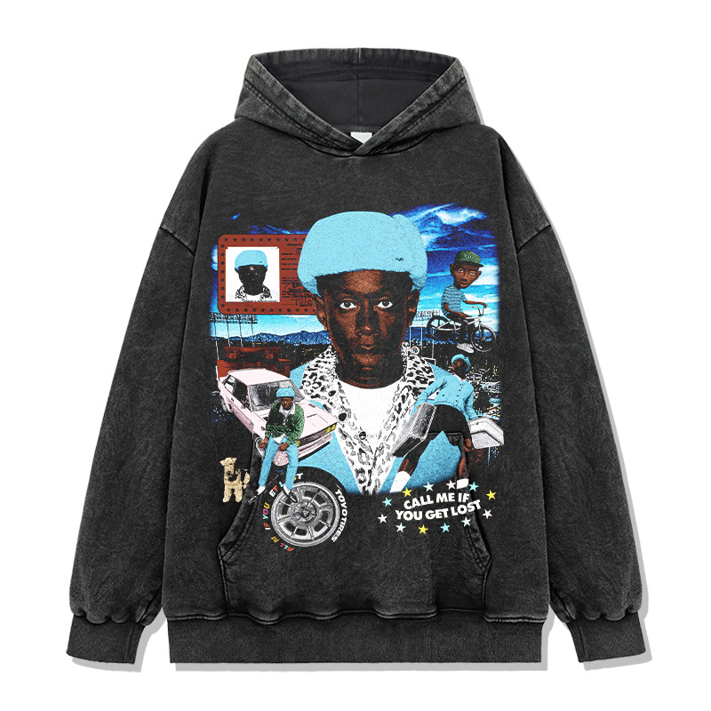 Cross-border retro Tyler The Creator printed T-shirt American-style washable long-sleeved round neck heavy hooded sweatshirt