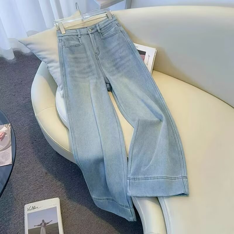 Spring and Autumn New Style Plus-Size Slimming Pear-Shaped Figure Retro Blue Straight-Leg Jeans for Women, Fashionable Loose Wide-Leg Pants