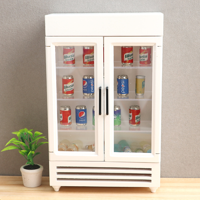 1:12 Dollhouse mini muebles de madera refrigerador tienda micro escena bebidas color congelador
