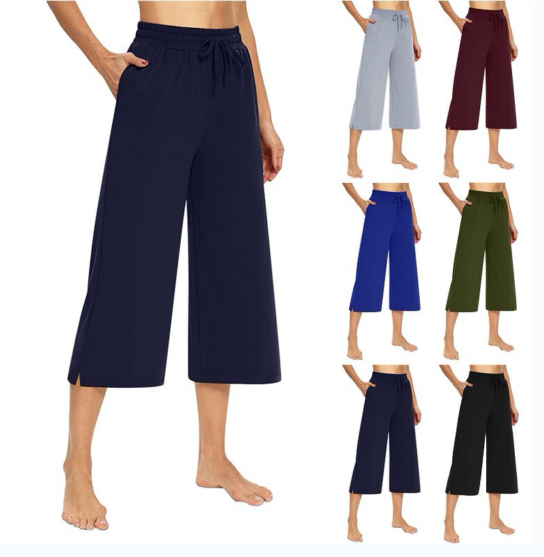 Amazon cross-border new ladies solid color wide leg pants high waist drawstring pocket cropped casual pants spot Amazon cross-border new ladies solid color wide leg pants high waist drawstring pocket cropped casual pants spot