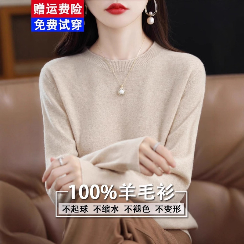 2025 New Wool Sweater for Women, Autumn Round Neck Base Sweater, Thin Loose Fit, Inner Layer for Autumn and Winter, Knitted Cashmere Sweater