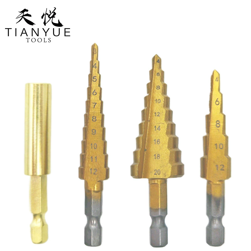 Небольшой набор из трех сверл для пагоды 3-12, 4-12, 4-20 с шестигранным хвостовиком, золотым шатуном, набор из четырех ступенчатых сверл.