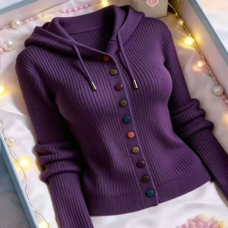 Korean-style fashionable colorful button design hooded sweater, 2026 autumn and winter new fashion loose and age-reducing top