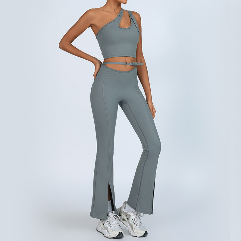 Nuevo traje de yoga con almohadilla para el pecho, chaleco de hombro envuelto en el pecho, cintura alta, levantamiento de cadera, ejercicio, fitness, pantalones de cuerno dividido