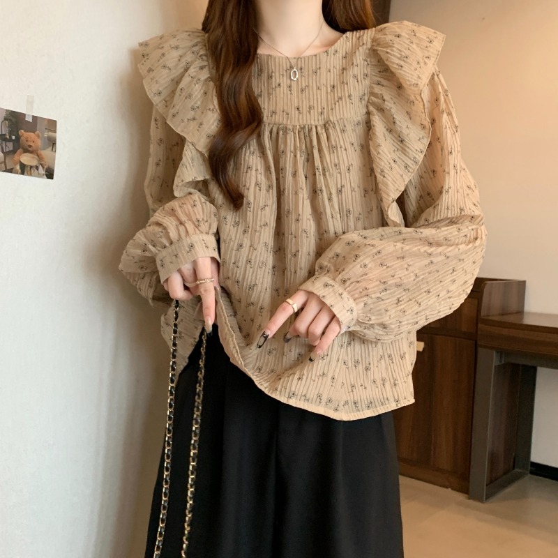 MAILLARD RUFFLED FLORAL CHIFFON 셔츠 여성용 가을 플러스 사이즈 통통녀 슬림 배꼽 덮음 인형 셔츠 연령 감소 탑