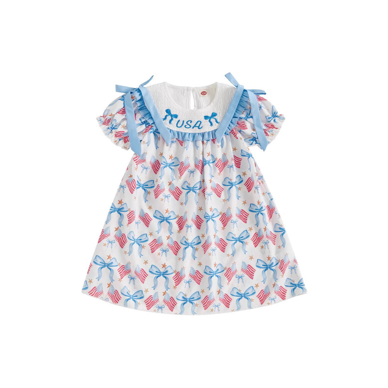 L0096 Amazon Cross Border Girls Children's Short-sleeved dress Dress Printed Woven Independence Day 2025 Summer