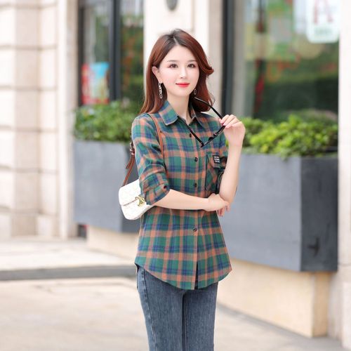2024 new autumn Korean style loose long-sleeved shirt women's coat brushed retro all-match plaid shirt women's cotton
