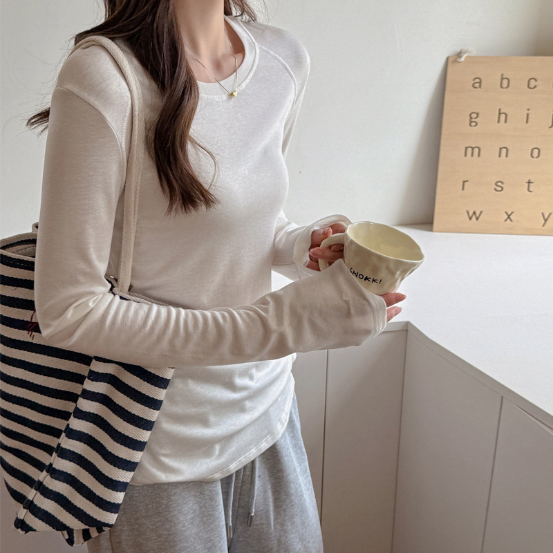 Wool Tencel Lazy Style Round Neck Raglan Long-Sleeved T-Shirt for Women, Autumn and Winter Bottoming Shirt That Can Be Worn Outside the Top