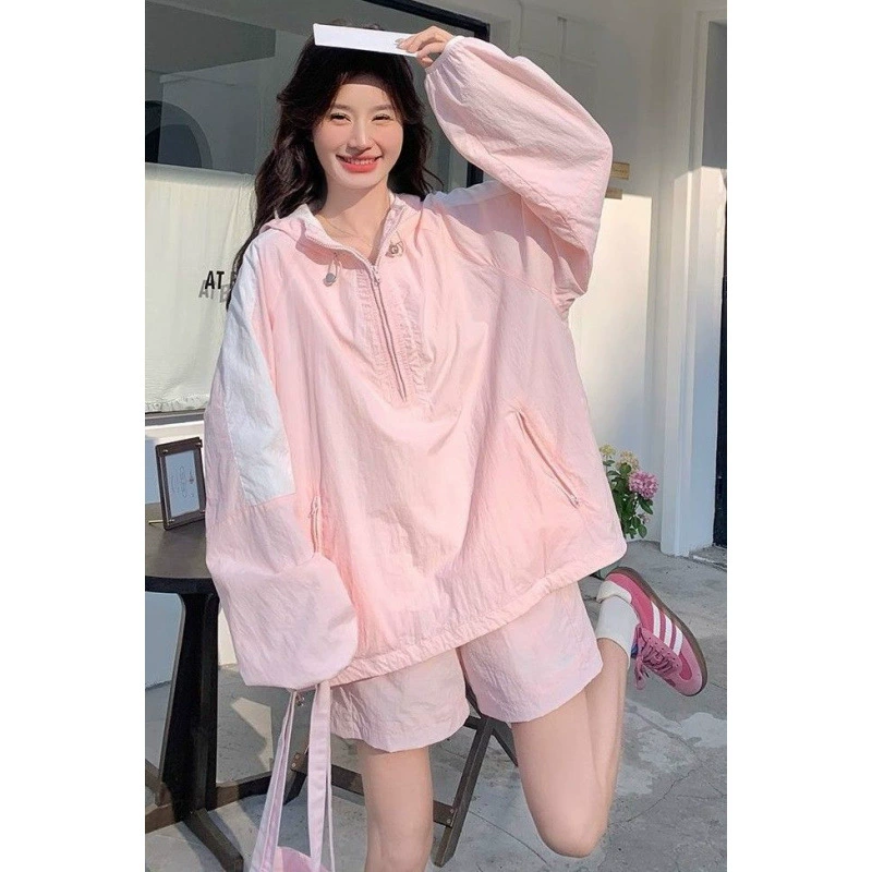 Корейский стиль, солнцезащитная одежда с капюшоном и защитой от ультрафиолета, шорты, комплект из двух предметов для женщин, новый летний маленький модный повседневный костюм