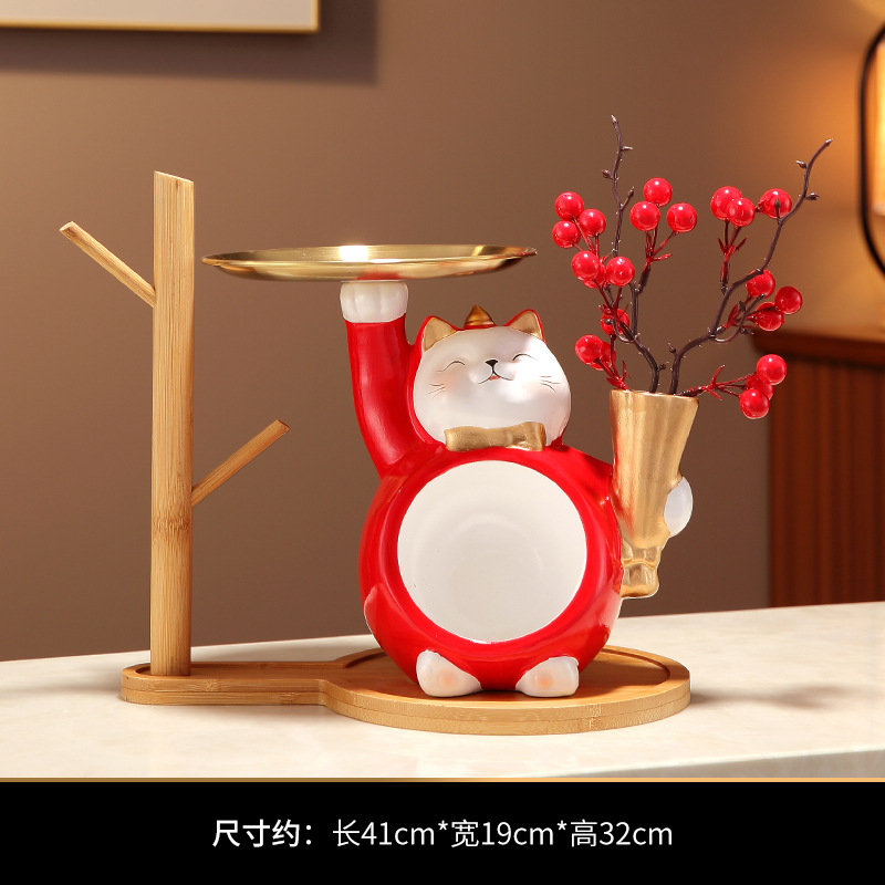 빨간색 큰 배꼽 트레이 행운의 고양이 + 통나무 프레임 [핫 세일]