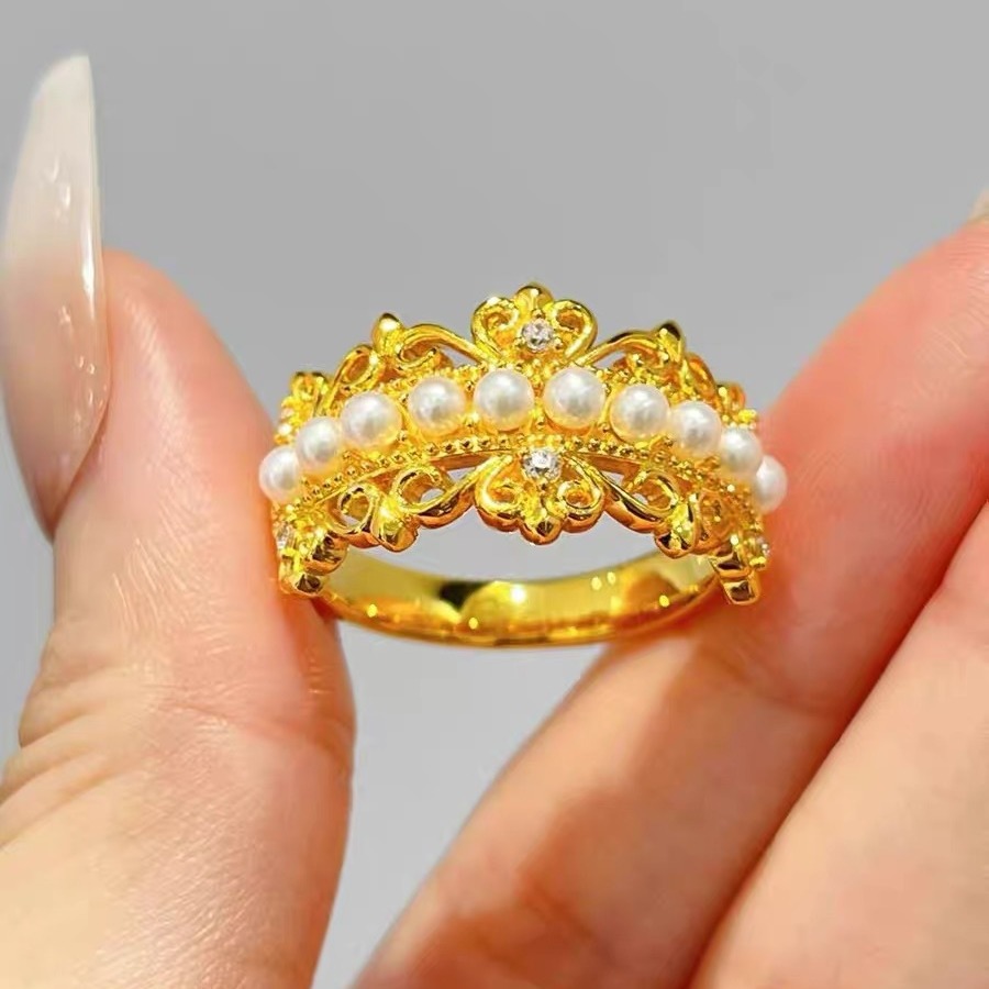 Vietnamese Sand Gold Ancient Gold Lace Pearl Ring Crown Accessible Luxury Niche Open Ring as a Gift for Your Girlfriend