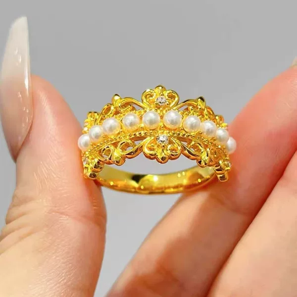Vietnamese Sand Gold Ancient Gold Lace Pearl Ring Crown Accessible Luxury Niche Open Ring as a Gift for Your Girlfriend