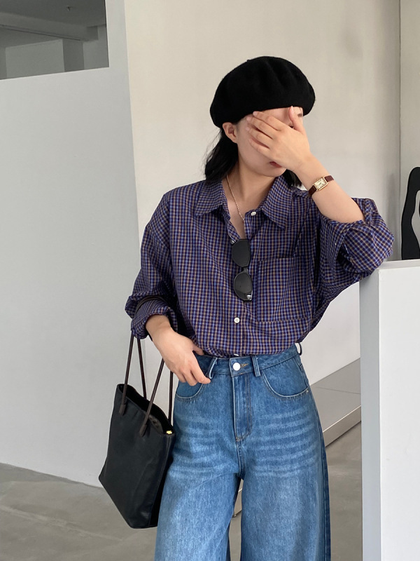 江左 休闲长袖格子衬衫女秋季新款全棉复古格纹挺括衬衣 1682|undefined