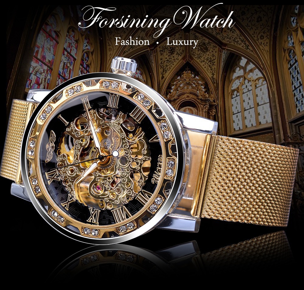 Men's Skeleton Mechanical Watch With Rhinestone Mesh Strap_voghion.com