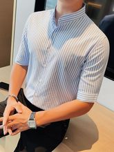 新中式衬衫直播货源男士清新商务条纹中袖衬衣夏季休闲小立领衬衣