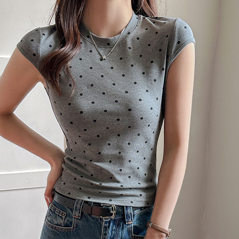 Carefully Selected Retro Round-Neck Polka-Dot Short-Sleeve T-Shirt for Women, 2026 Spring/Summer New Design, Niche Style, Basic Top with Regular Shoulders