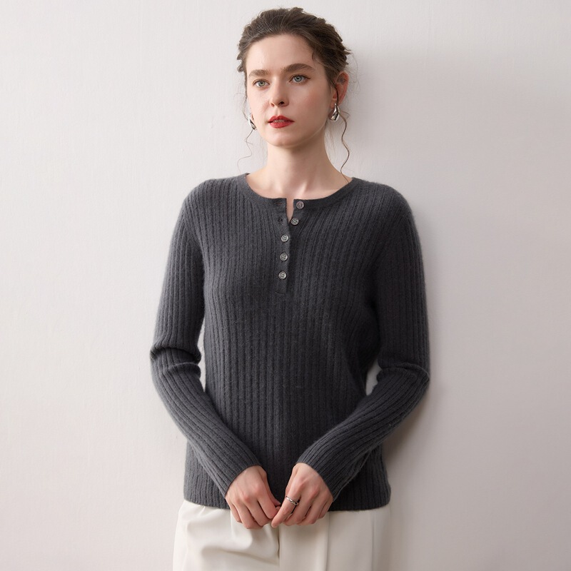 Autumn and Winter New Ribbed Solid Color Cashmere Knit Base Sweater Round Neck Pullover Soft Skin-Friendly Women's Top