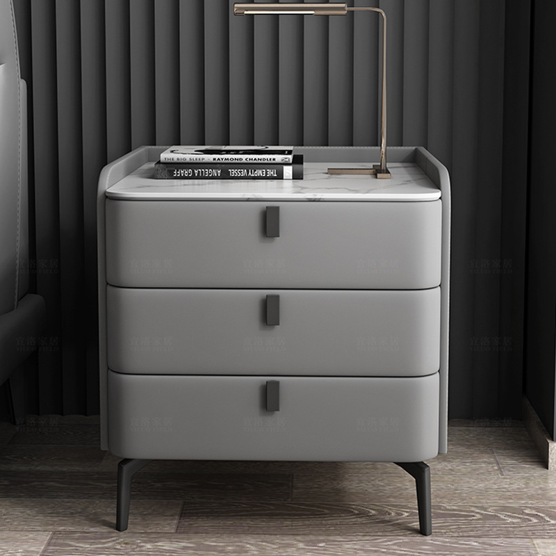 New Smart Three-Drawer Bedside Table Modern Minimalist Small Luxury Stone Wood Drawer Bedside Cabinet