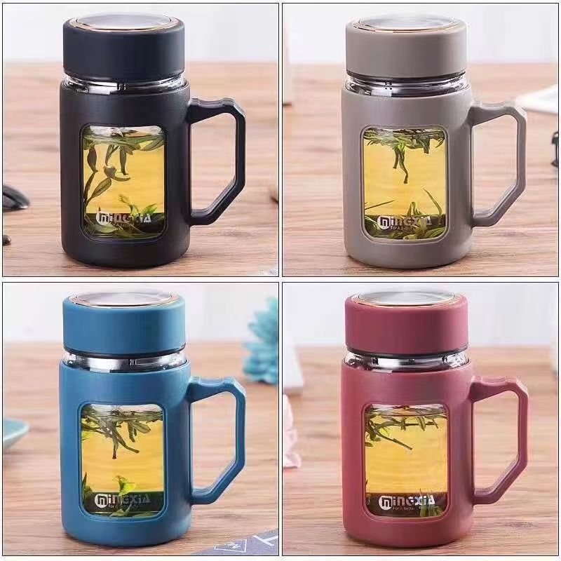 Simple Glass Cup with Handle, Large Capacity Water Cup, Office and Home Use Plastic Double-Layer Water Cup, Business Gift Cup