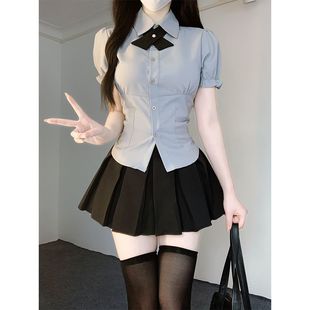 Light Gray Waist-Cinching Shirt + Black Pleated Skirt with Ruffled Cuffs, Pure Desire Jk Bow Tie, Preppy Style Sexy Shirt