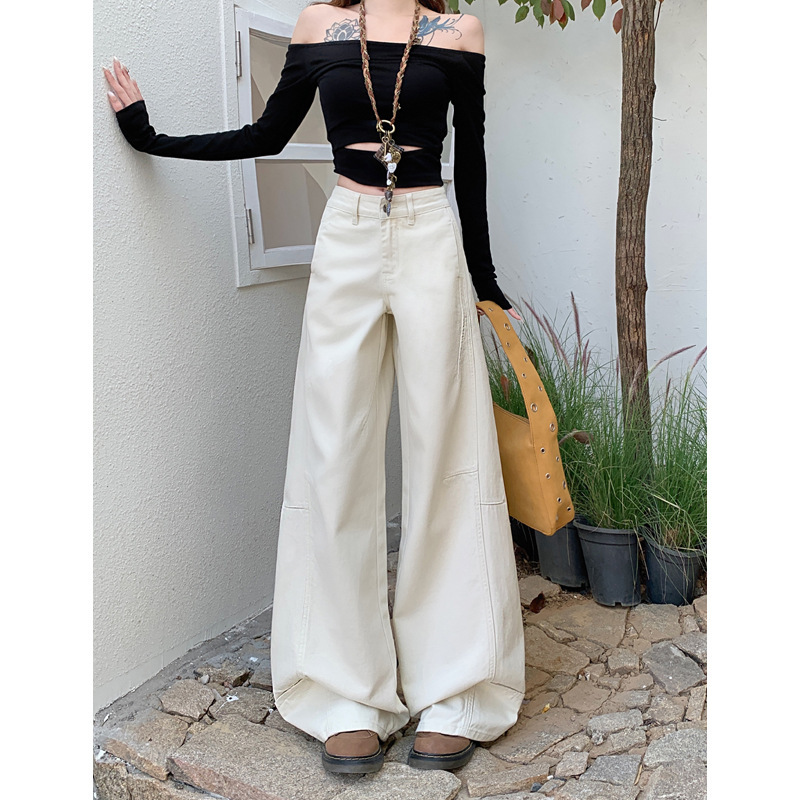 Three-Dimensional Tailoring ~ American Khaki Off-White Jeans for Women with Design Splicing Loose Wide-Leg Straight Pants