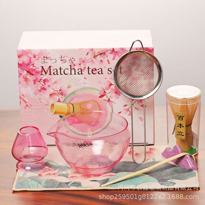 跨境专供日式新款玻璃抹茶碗套装点茶工具茶筅立玻璃碗组盒套装|undefined