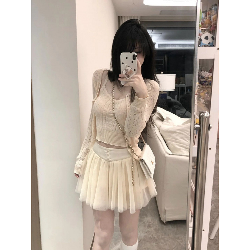 三件套女2025夏季新款纯欲甜辣妹镂空针织开衫吊带背心高腰半身裙|undefined