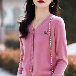 V领拼色纯羊绒开衫女绣花长袖针织衫外套毛衣宽松羊绒衫上衣