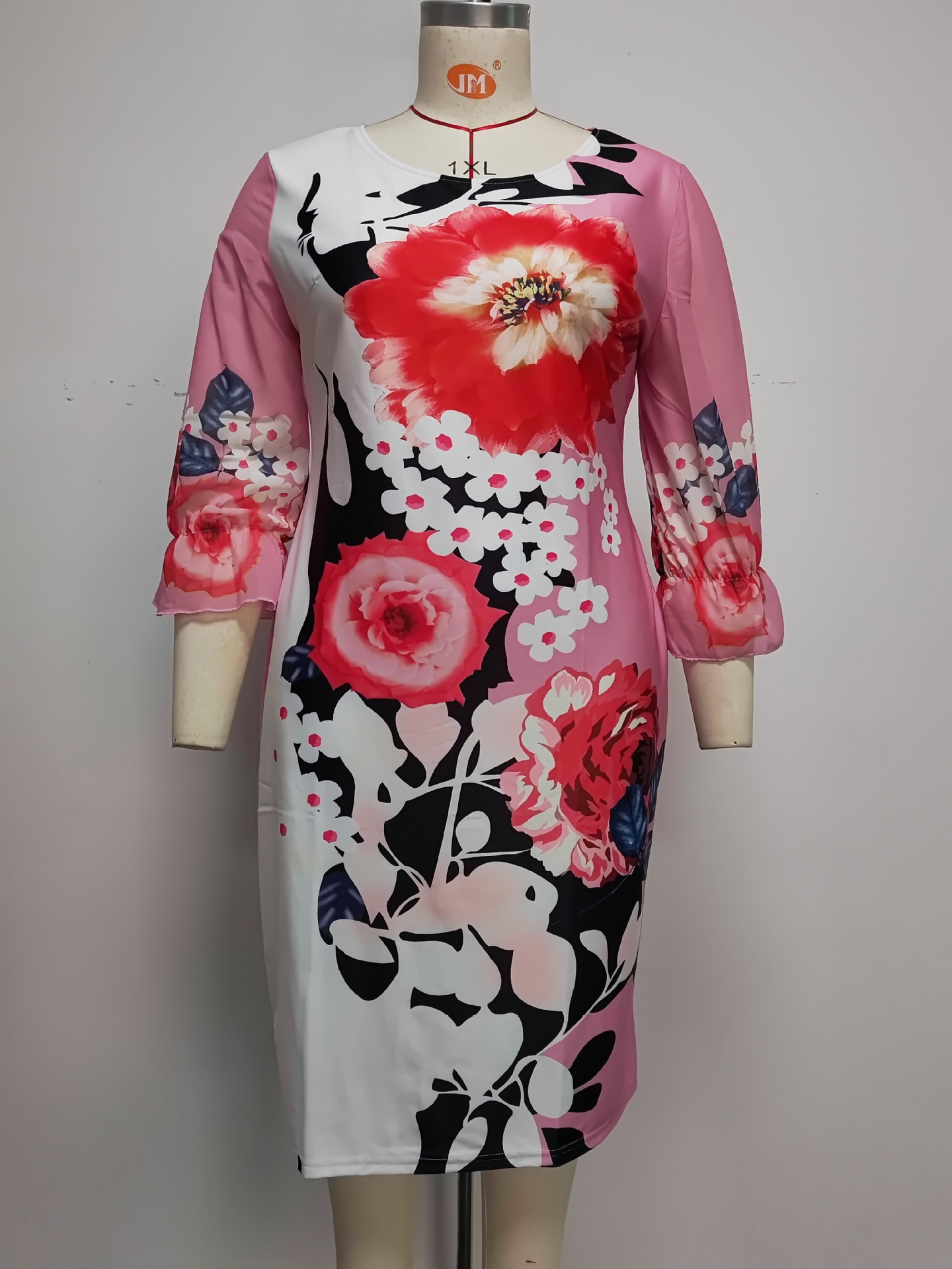 Women's New Round Neck Seven Point Chiffon Sleeve Printed Dress