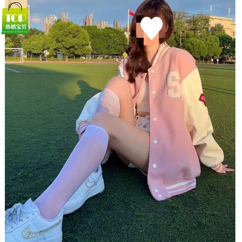 Vintage College Style Fleece-Lined Pink Baseball Jacket for Women, New Spring and Autumn Versatile Thickened Cardigan Jacket Coat for Women Vintage College Style Fleece-Lined Pink Baseball Jacket for Women, New Spring and Autumn Versatile Thickened Cardigan Jacket Coat for Women