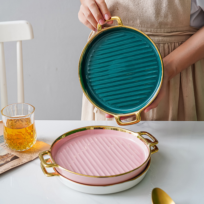 Nórdico creativo de cerámica binaural rayado disco hogar borde dorado filete occidental placa plana ins celebridad internet vajilla plato