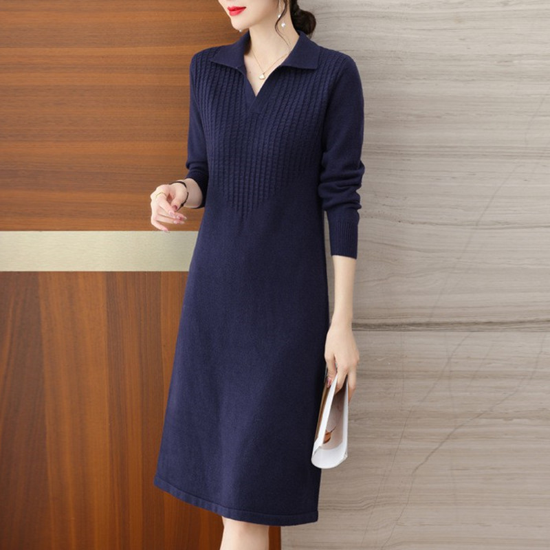Mid-length polo collar knitted dress women's autumn and winter 2023 new sweater women's large size loose long sleeve base shirt