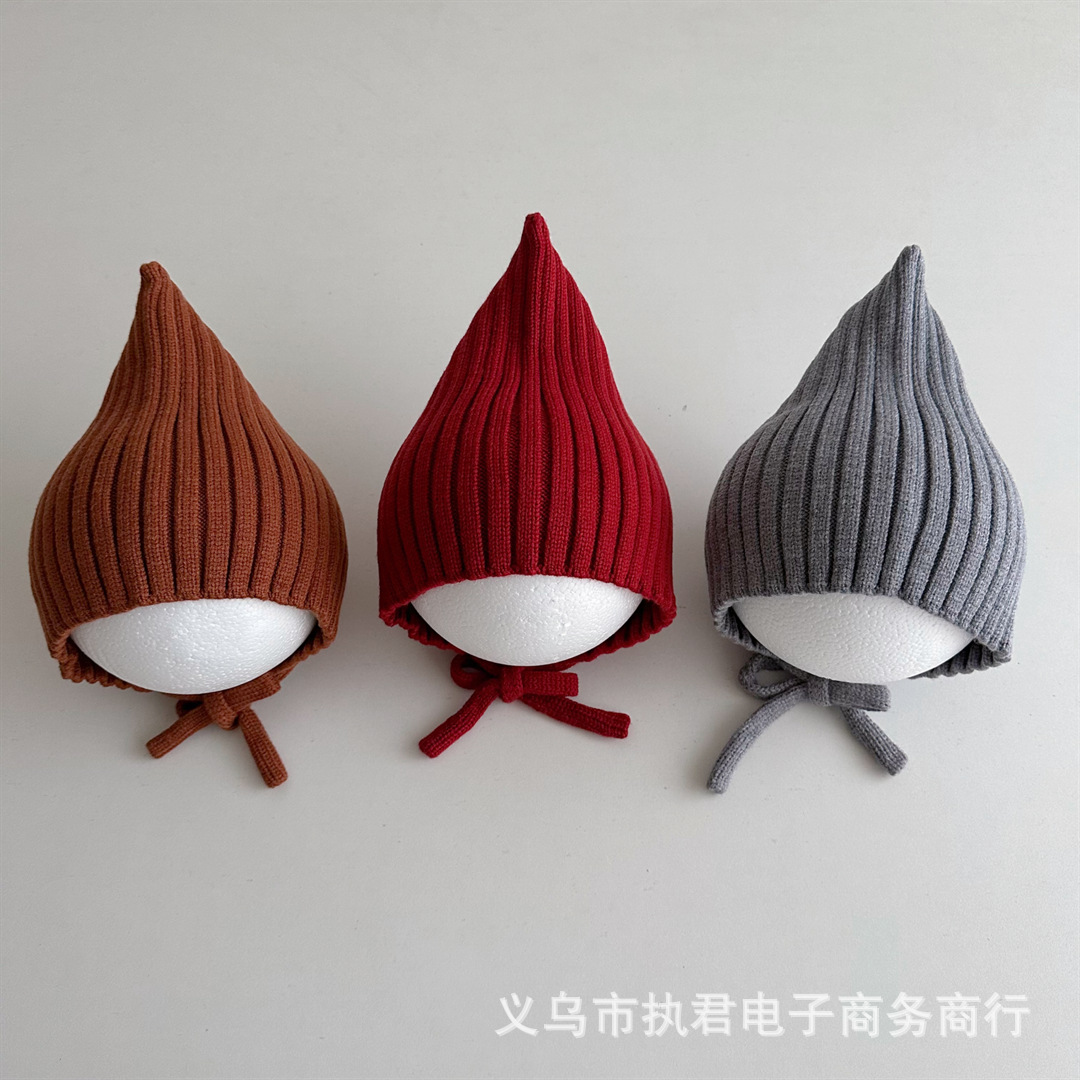 infant children knitted toque autumn and winter baby wool pointed lace-up earmuffs hat small-month western style sleeve cap