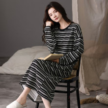 睡裙女士睡衣春秋季秋款纯棉长袖长裙大码条纹时尚休闲可外穿出门