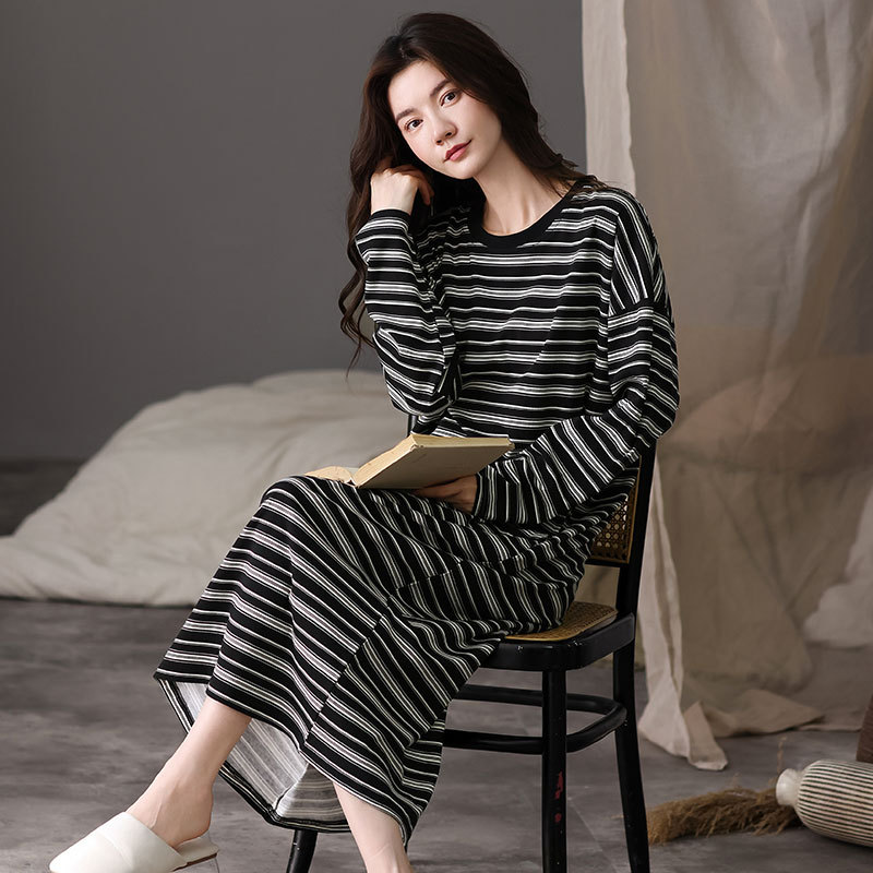 睡裙女士睡衣春秋季秋款纯棉长袖长裙大码条纹时尚休闲可外穿出门