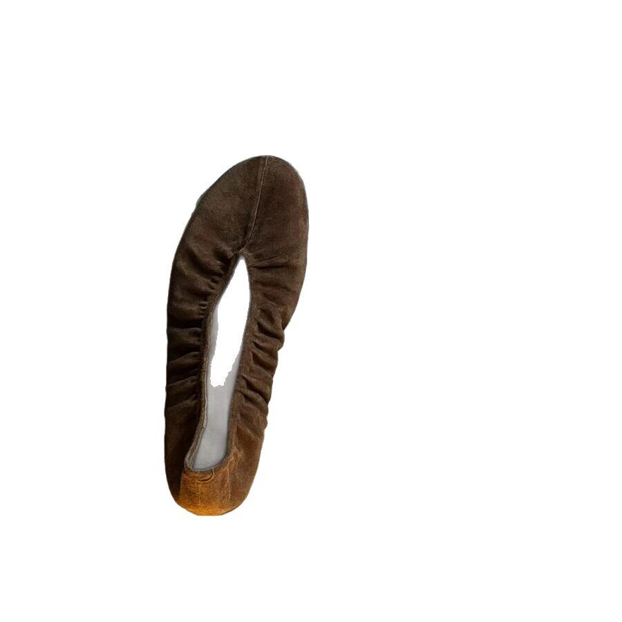 Giày búp bê nữ mũi tròn đế bệt gót thấp 1 cm, kiểu lười nhún thủ công, chất liệu da lộn — Màu kaki, Màu nâu