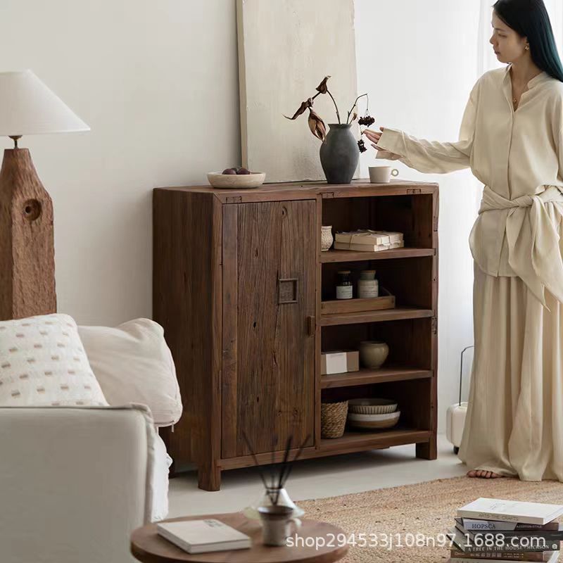 Chinese-Style Old Elm Sideboard Living Room Small Wine Cabinet Wine Glass Tea Set Storage Rack Decorative Tea Cabinet Sideboard
