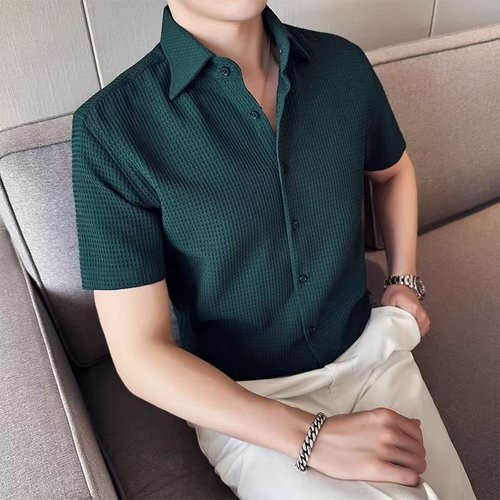 绿色华夫格衬衫男短袖法式商务衬衣夏季薄款冰丝高级感韩版半袖衬