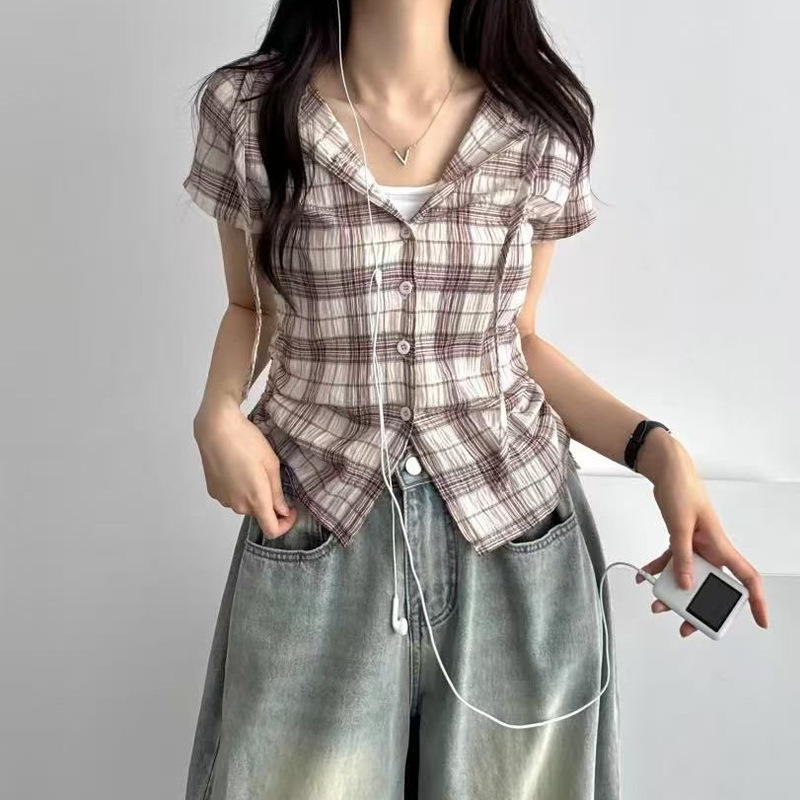 韓国シックなサイド巾着レトロチェック柄フード付き半袖シャツ女性用|undefined