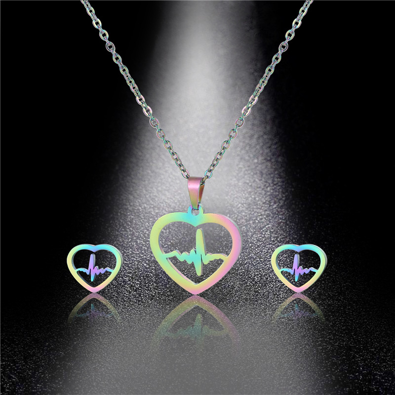 ECG Pendant Stainless Steel Colorful Heart-shaped Clavicle Chain Earring Set